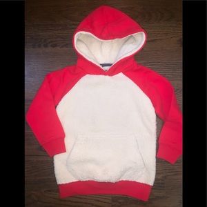 New Mini Boden Sherpa/cotton Hoodie Red/Oatmeal 4/5y